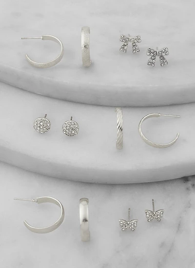 Womens Assorted Rhinestone Stud and Hoop Earring Set of 6, Silver