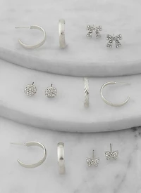 Womens Assorted Rhinestone Stud and Hoop Earring Set of 6, Silver