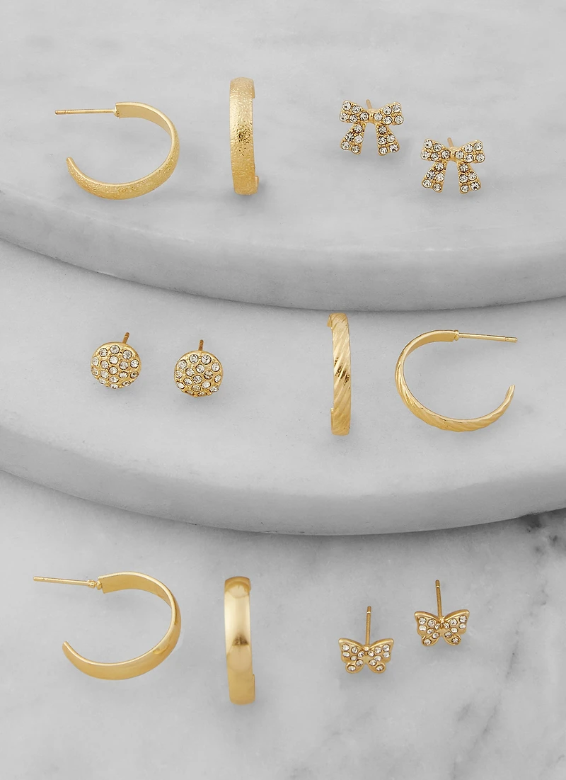 Womens Assorted Rhinestone Stud and Hoop Earring Set of 6, Gold