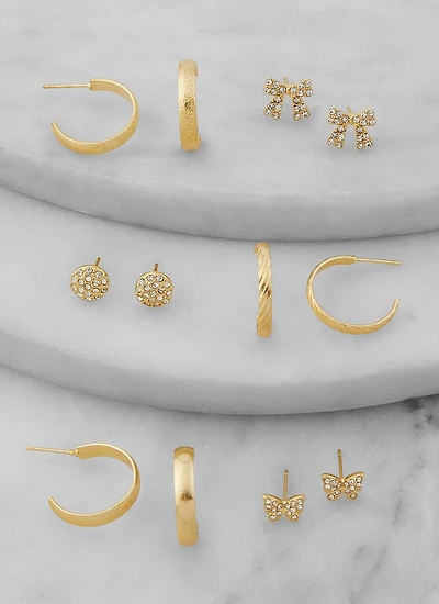 Womens Assorted Rhinestone Stud and Hoop Earring Set of 6, Gold