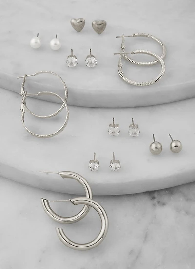 Womens Assorted Cubic Zirconia Stud and Hoop Earring Set, Silver