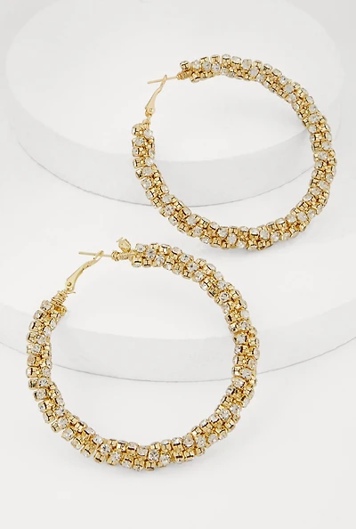 Womens Stylish Rhinestone Encrusted Hoop Earrings, Gold
