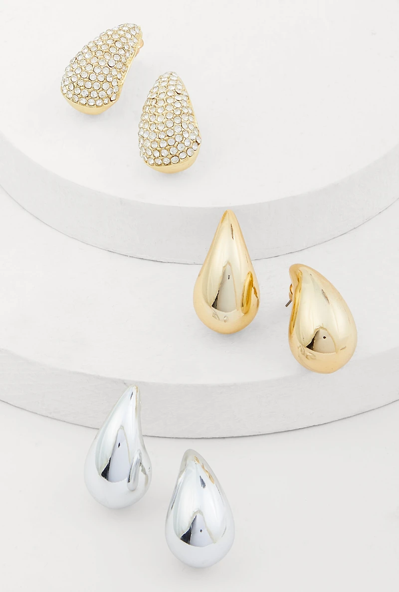 Womens Metallic Rhinestone Teardrop Earrings Set of 3, Multi