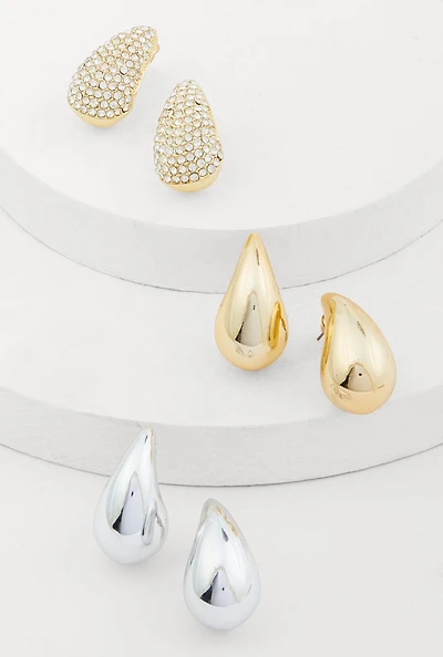 Womens Metallic Rhinestone Teardrop Earrings Set of 3, Multi