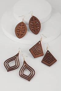 Assorted Wooden Geometric Laser Cut Drop Earring Set of 3