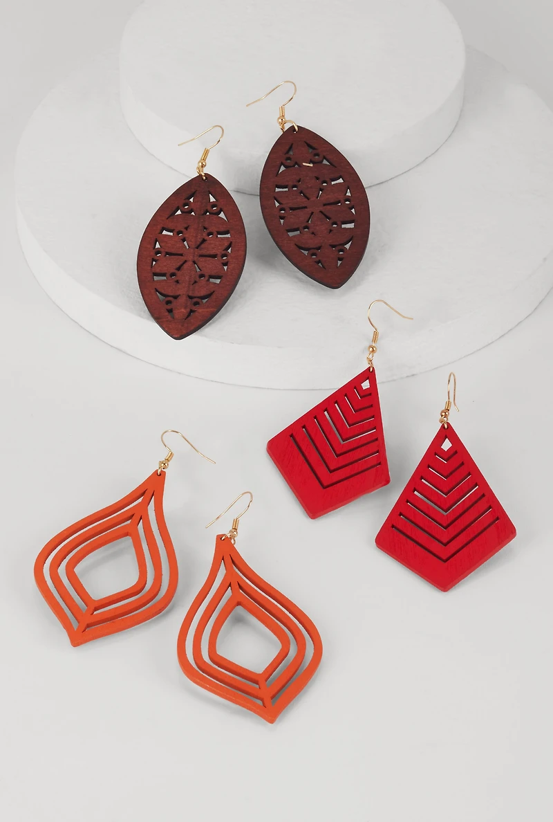 Assorted Wooden Geometric Laser Cut Drop Earring Set of 3