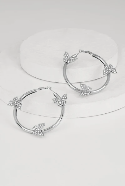 Womens Rhinestone Studded Butterfly Hoop Earrings, Silver