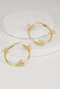 Womens Rhinestone Studded Butterfly Hoop Earrings, Gold