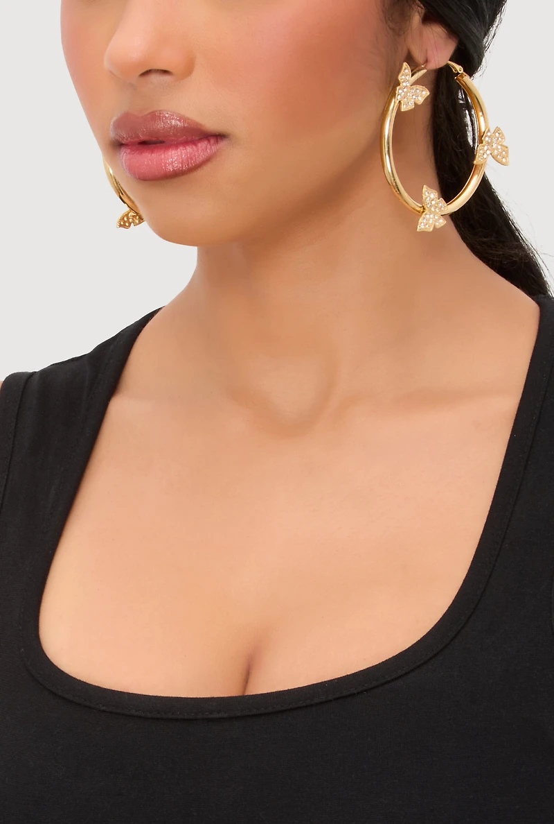 Womens Rhinestone Studded Butterfly Hoop Earrings, Gold