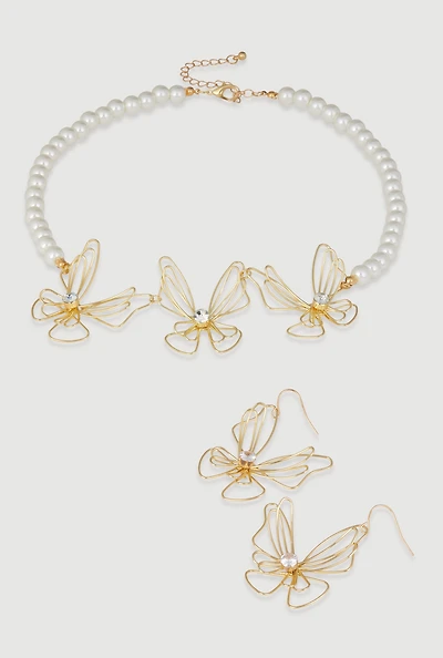 Elegant Faux Pearl Cubic Zirconia Butterfly Detail Necklace Set