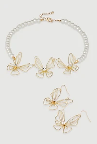 Elegant Faux Pearl Cubic Zirconia Butterfly Detail Necklace Set