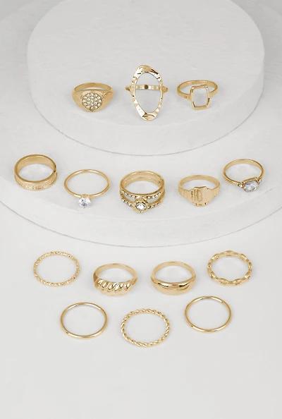 Womens Shiny Cubic Zirconia Metallic Rings Set of 15, Gold