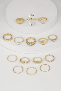 Womens Shiny Cubic Zirconia Metallic Rings Set of 15, Gold