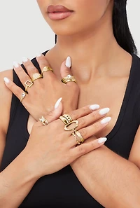 Womens Shiny Cubic Zirconia Metallic Rings Set of 15, Gold
