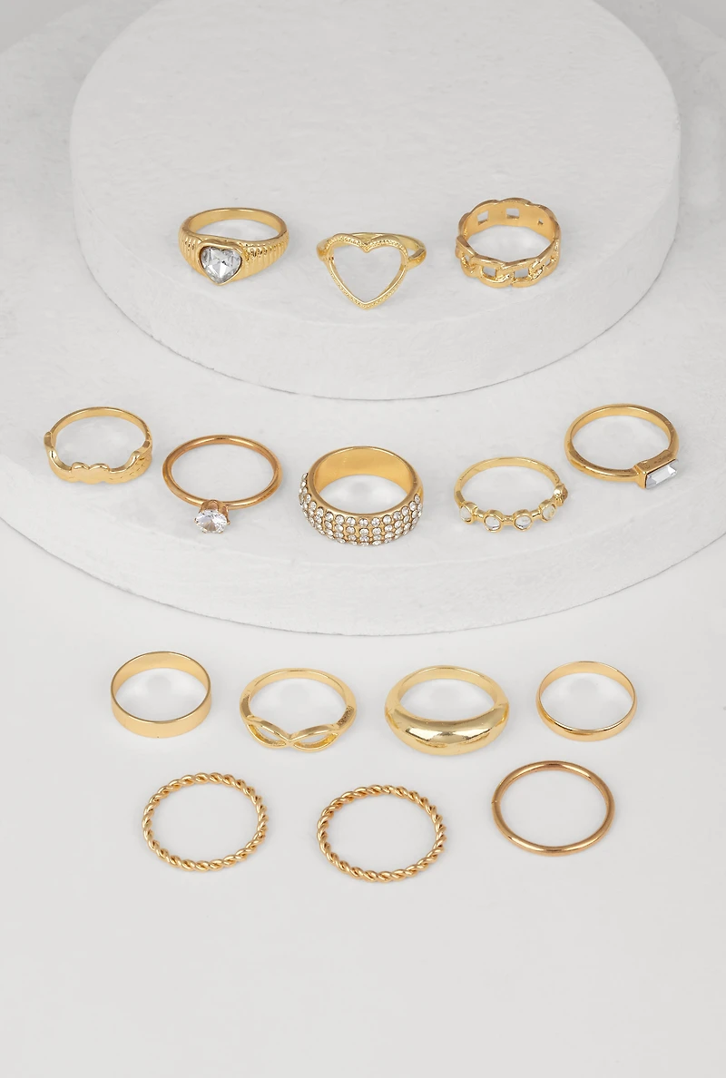 Womens Elegant Cubic Zirconia Assorted Metallic Rings Set of 15, Gold