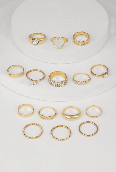Womens Elegant Cubic Zirconia Assorted Metallic Rings Set of 15, Gold