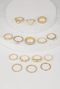 Womens Elegant Cubic Zirconia Assorted Metallic Rings Set of 15, Gold