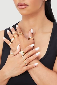 Womens Elegant Cubic Zirconia Assorted Metallic Rings Set of 15, Gold