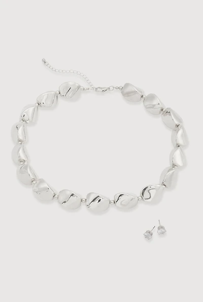 Womens Sculpted Beaded Statement Necklace and Cubic Zirconia Earrings, Silver