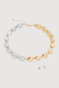 Womens Sculpted Beaded Statement Necklace and Cubic Zirconia Earrings, Multi