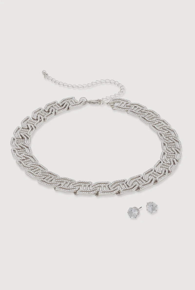 Womens Cubic Zirconia Geometric Necklace and Stud Earrings, Silver
