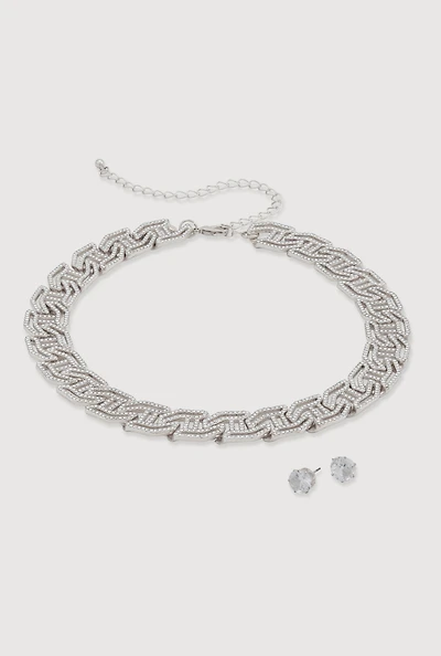 Womens Cubic Zirconia Geometric Necklace and Stud Earrings, Silver