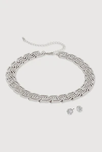 Womens Cubic Zirconia Geometric Necklace and Stud Earrings, Silver