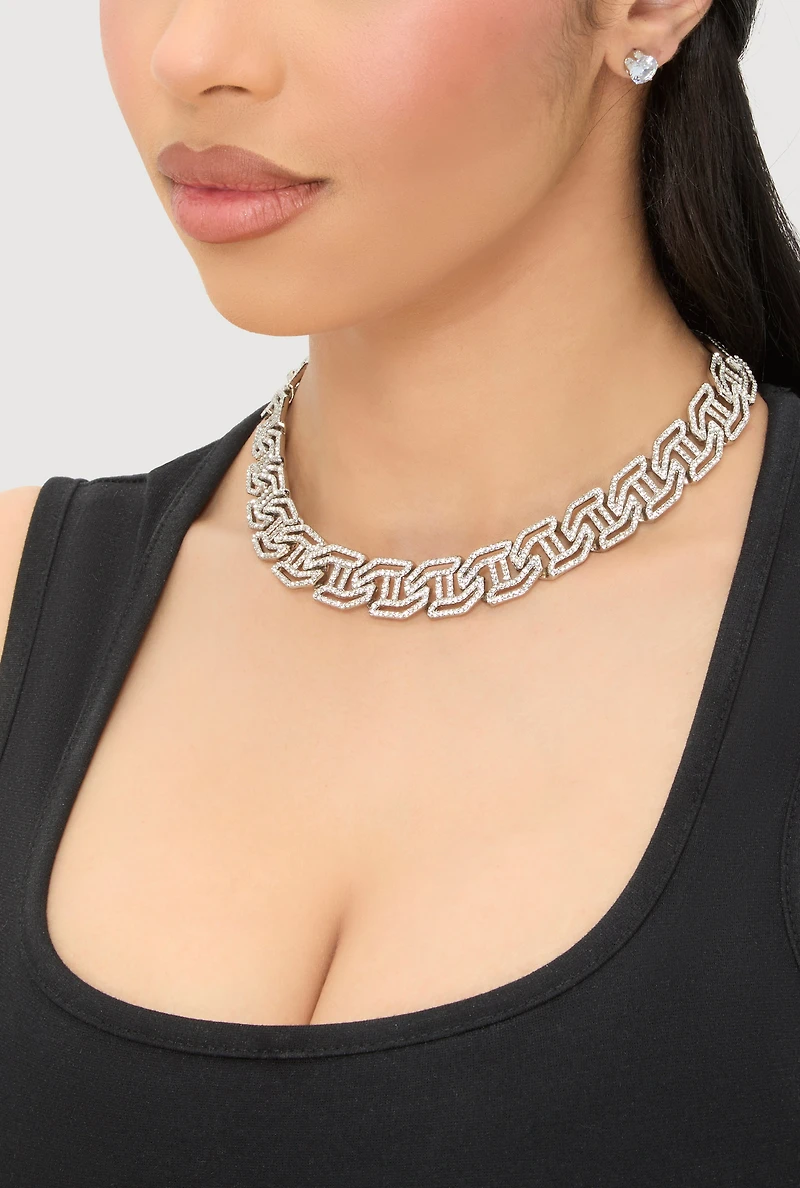 Cubic Zirconia Geometric Necklace and Stud Earrings