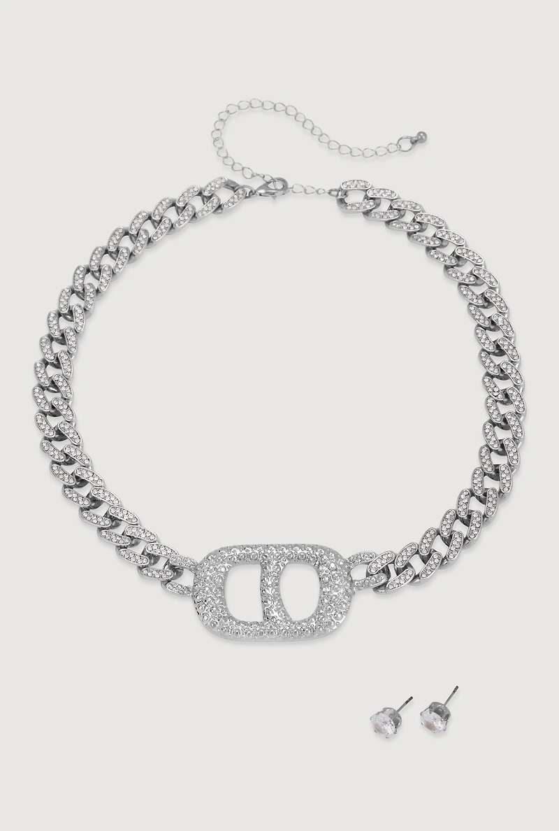 Womens Metallic Buckle Curb Chain Necklace with Stud Earrings, Silver