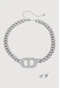 Womens Metallic Buckle Curb Chain Necklace with Stud Earrings, Silver