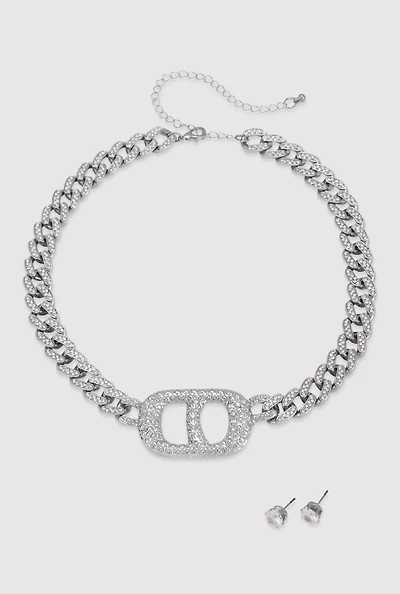 Metallic Buckle Curb Chain Necklace with Stud Earrings