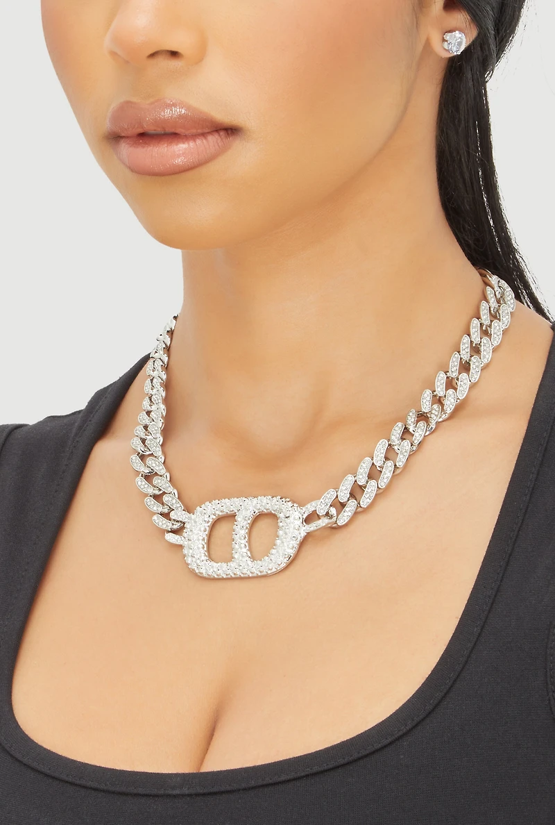 Womens Metallic Buckle Curb Chain Necklace with Stud Earrings, Silver