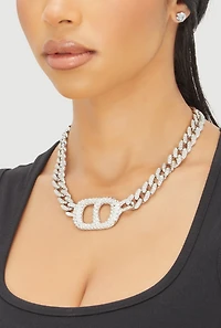 Womens Metallic Buckle Curb Chain Necklace with Stud Earrings, Silver