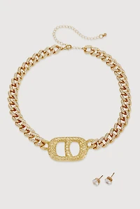 Womens Metallic Buckle Curb Chain Necklace with Stud Earrings, Gold