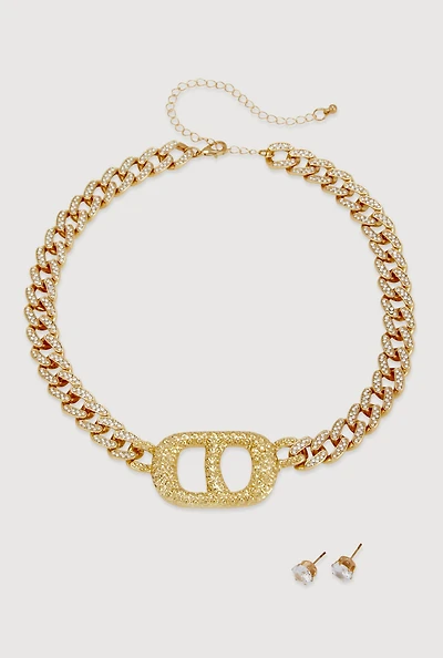 Womens Metallic Buckle Curb Chain Necklace with Stud Earrings, Gold