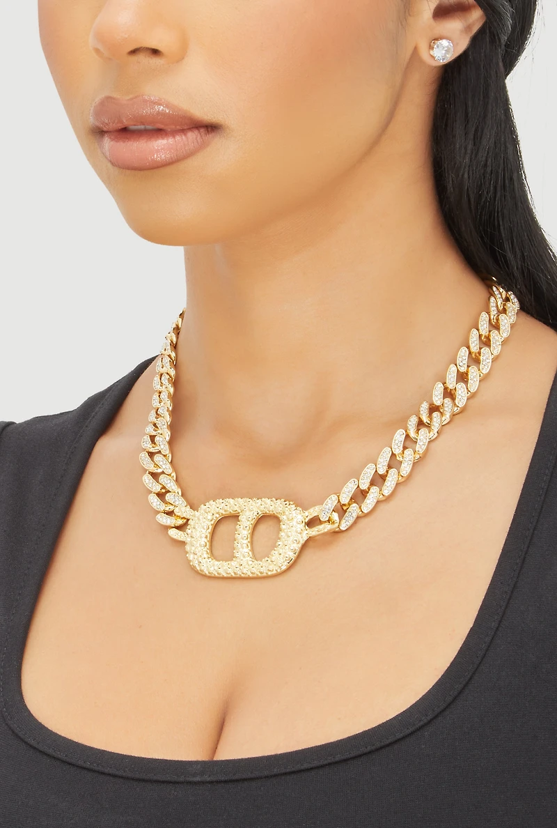Womens Metallic Buckle Curb Chain Necklace with Stud Earrings, Gold