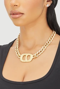 Womens Metallic Buckle Curb Chain Necklace with Stud Earrings, Gold