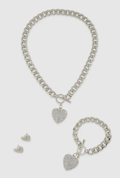 Womens Heart Pendant Toggle Closure Necklace and Bracelet with Stud Earrings, Silver