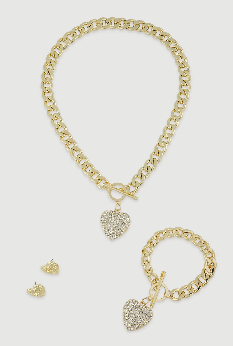 Heart Pendant Toggle Closure Necklace and Bracelet with Stud Earrings