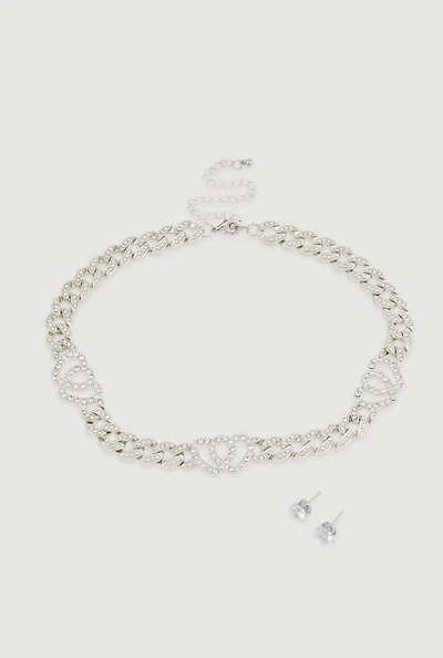Womens Cubic Zirconia Heart Curb Chain Necklace with Stud Earrings, Silver