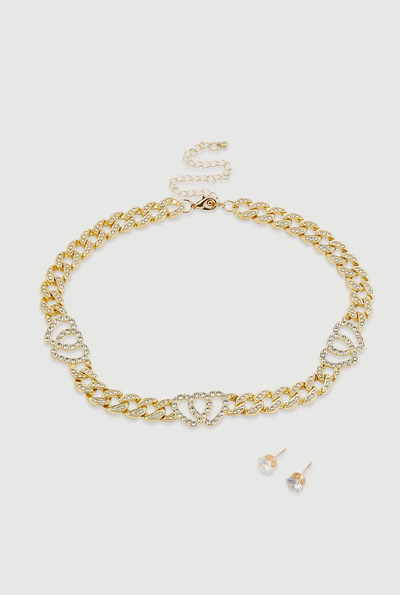 Womens Cubic Zirconia Heart Curb Chain Necklace with Stud Earrings,