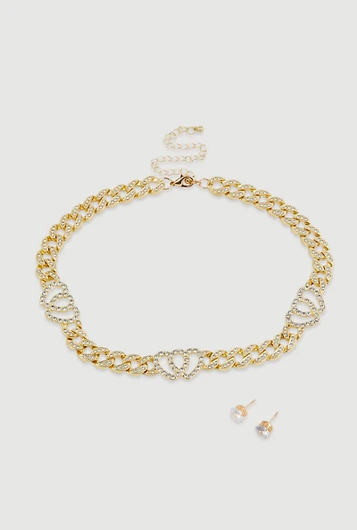 Womens Cubic Zirconia Heart Curb Chain Necklace with Stud Earrings,