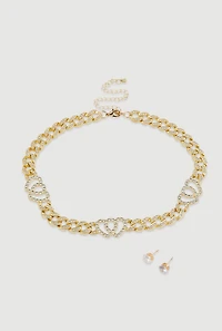 Womens Cubic Zirconia Heart Curb Chain Necklace with Stud Earrings,
