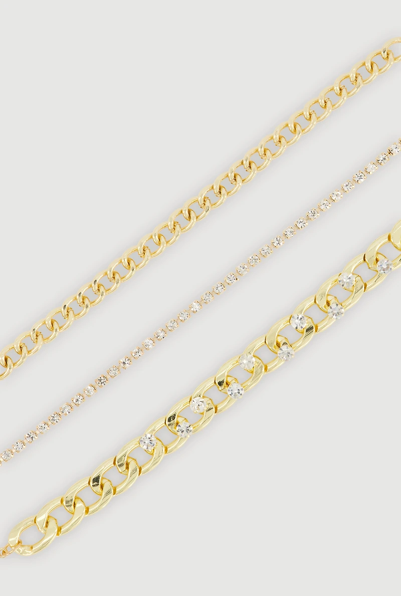 Cubic Zirconia Chain Link Anklets Set of 3