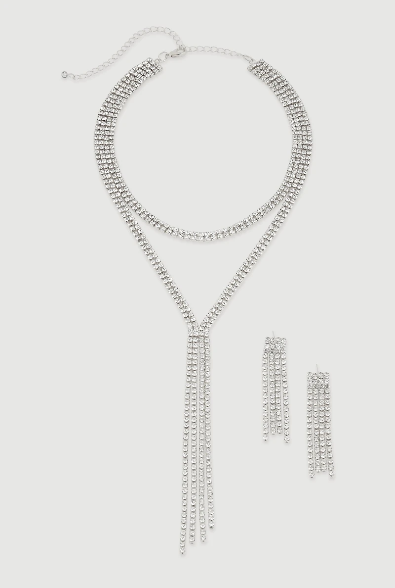 Womens Cubic Zirconia Y Necklace and Drop Earrings, Silver