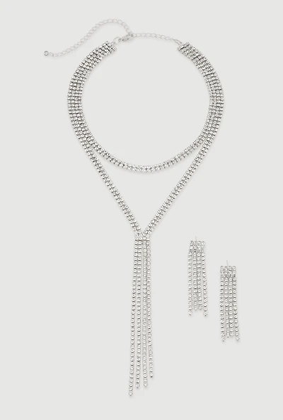 Womens Cubic Zirconia Y Necklace and Drop Earrings, Silver