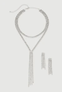 Womens Cubic Zirconia Y Necklace and Drop Earrings, Silver