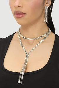 Womens Cubic Zirconia Y Necklace and Drop Earrings, Silver
