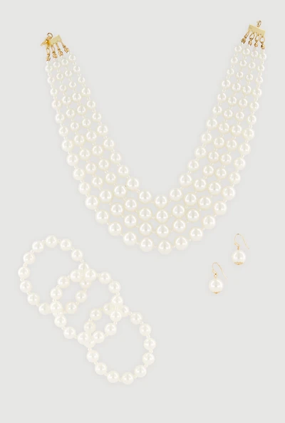 Faux Pearl Layered Necklace and Drop Earrings with Bracelets
