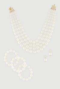 Faux Pearl Layered Necklace and Drop Earrings with Bracelets